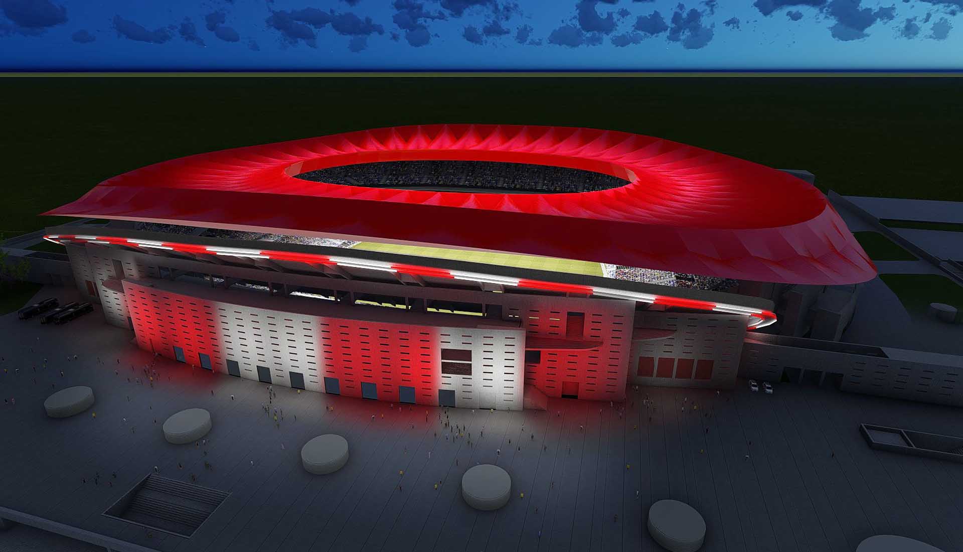 Gaming stadium. Стадион Атлетико Мадрид. Стадион Атлетико Мадрид фасад. Оранжевый футбольный стадион будущего.